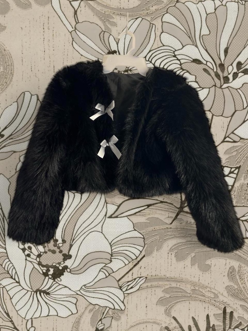 Black Faux Fur Bolero Jacket with White Bows Size Small